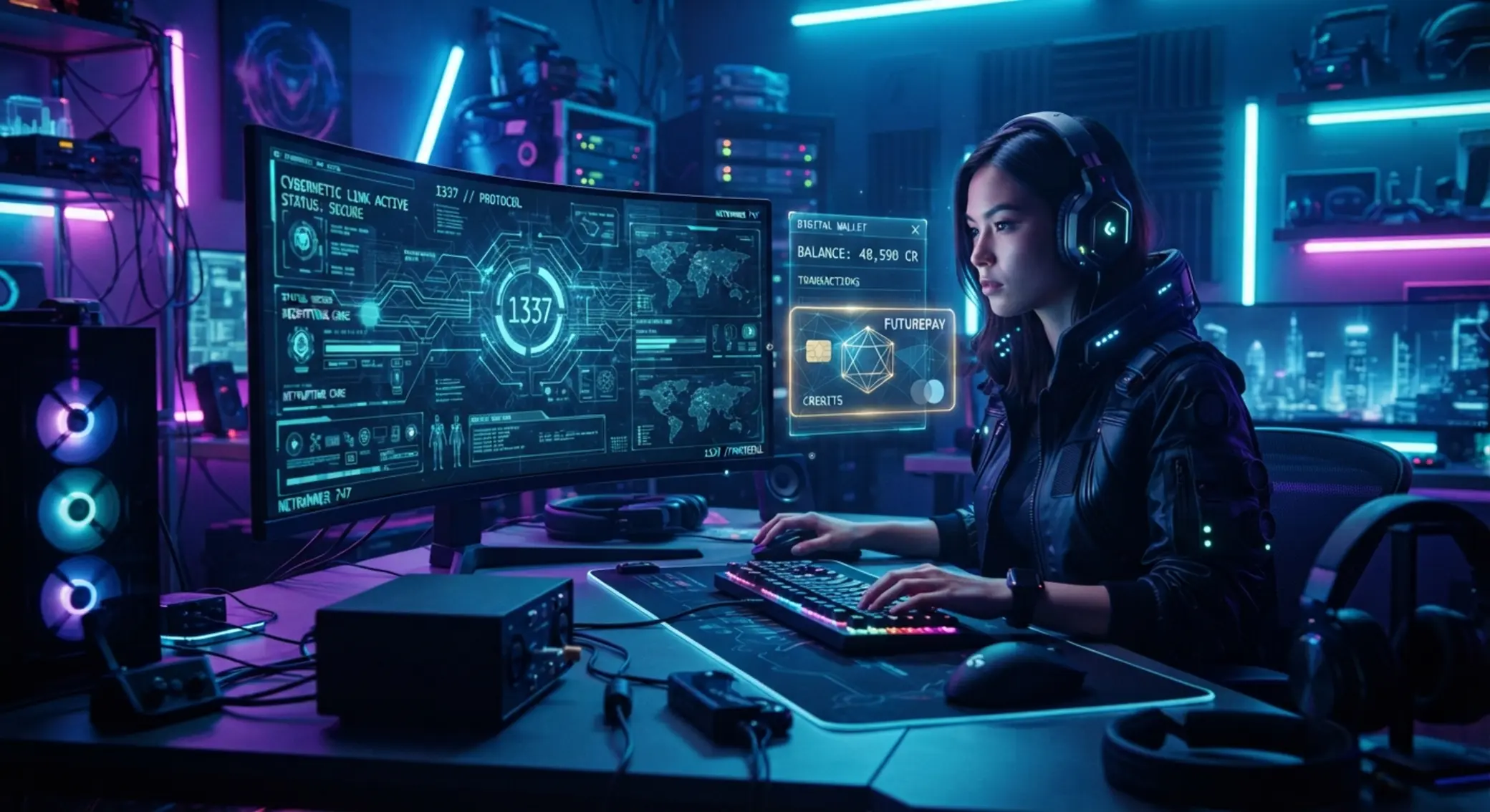 Gamer mit digitalem Guthaben-HUD und Prepaid-Zahlungssymbol
