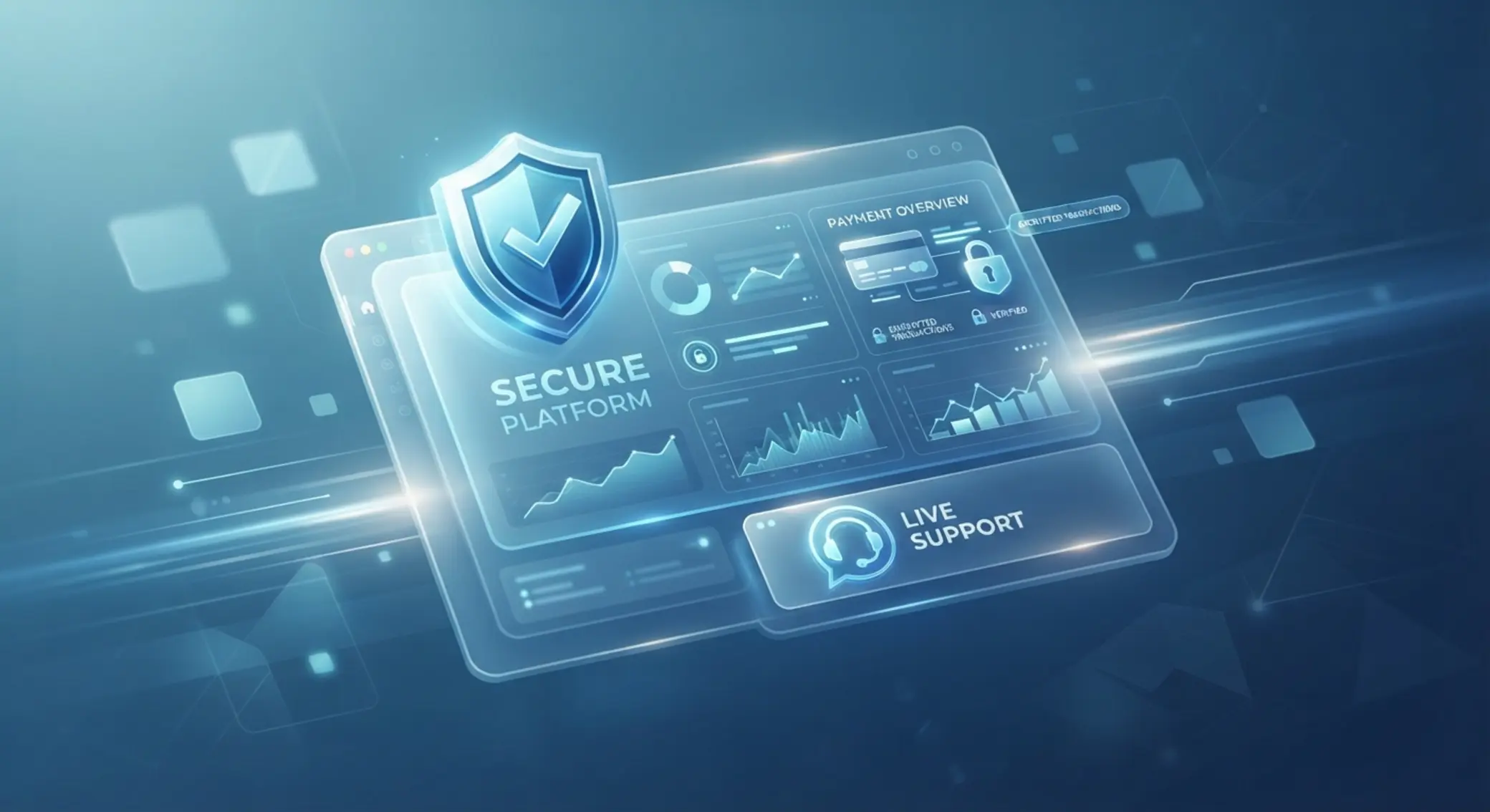 Sichere und transparente Online-Plattform mit Support und Zahlungssymbolen