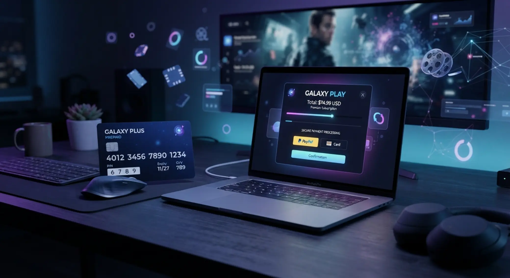 Paysafecard im Online-Unterhaltungsportal Paysafecard-Karte neben Laptop mit Zahlungsbereich für schnelle und sichere Einzahlung