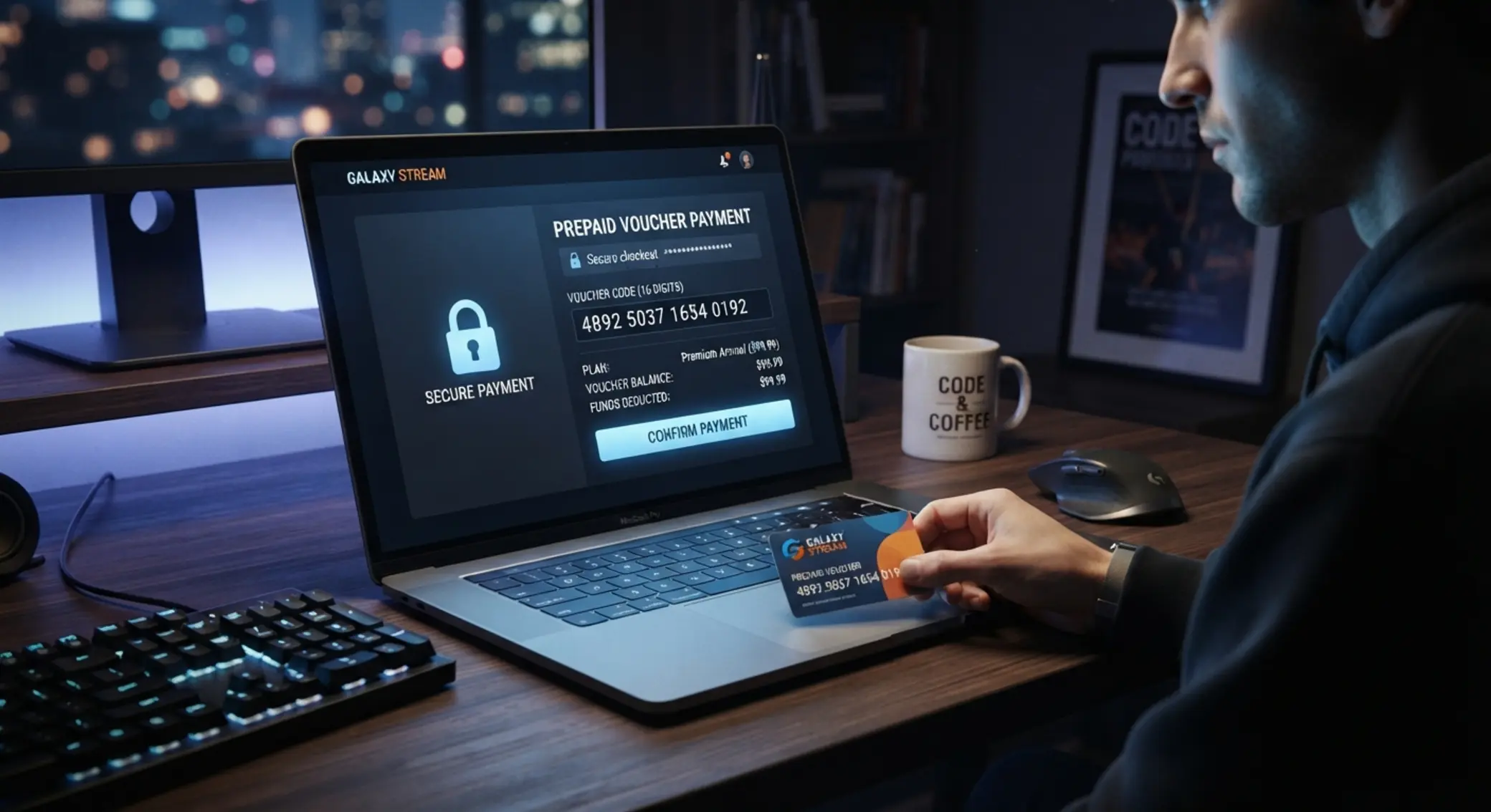 Illustration einer Paysafecard-Zahlung am Laptop