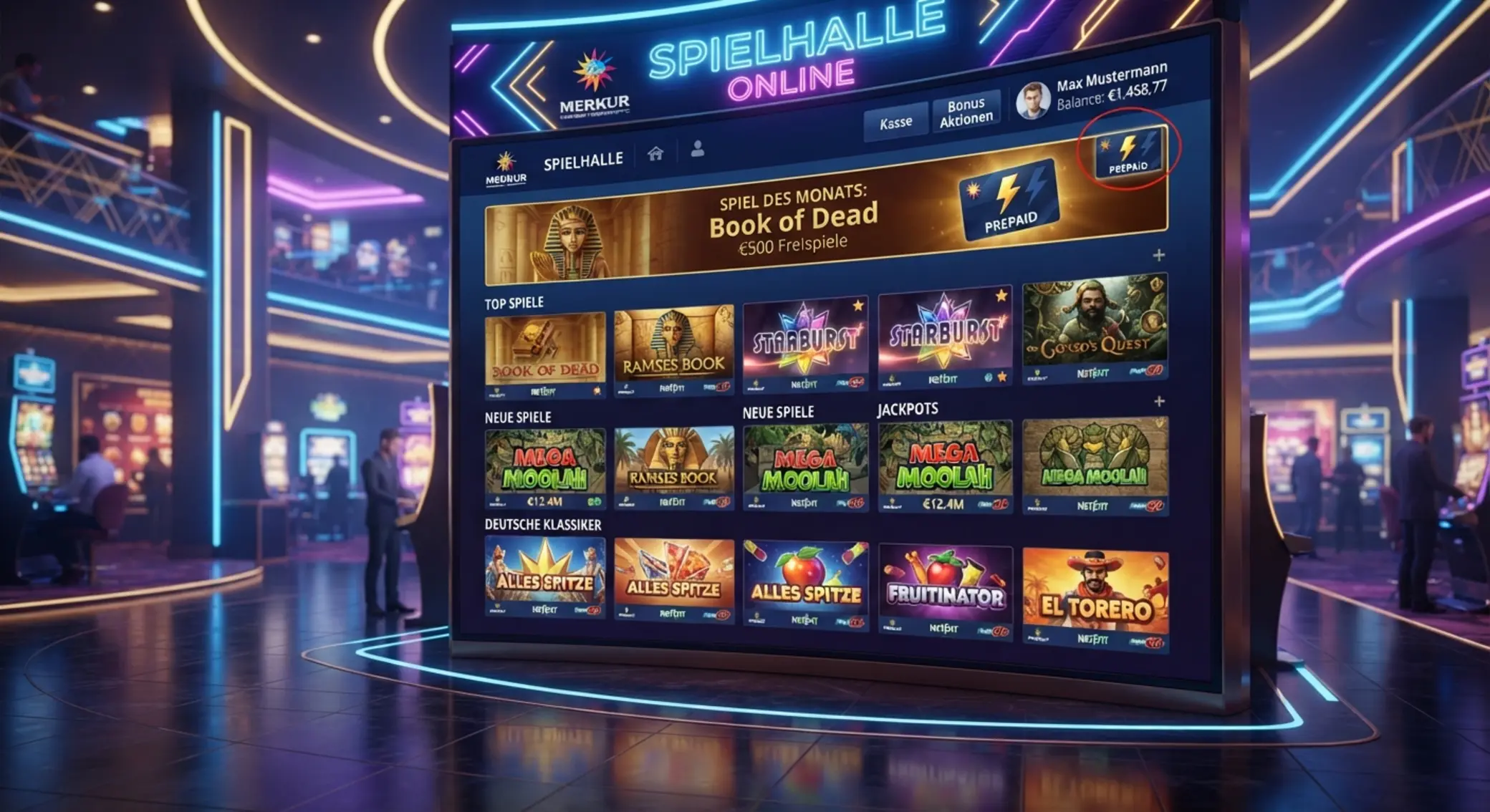 Bunte Slot-Lobby mit dezentem Paysafecard-Symbol