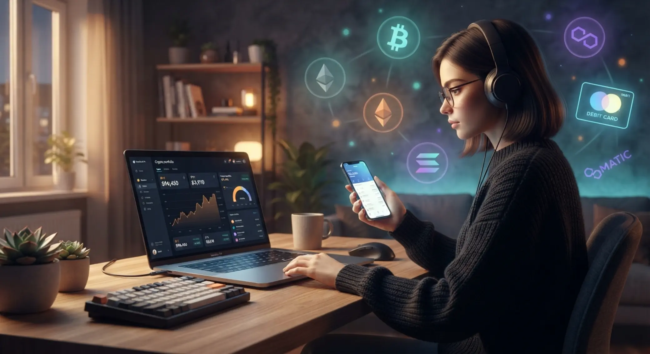 Spieler mit Laptop, Krypto-Symbolen und Prepaid-Zahlung