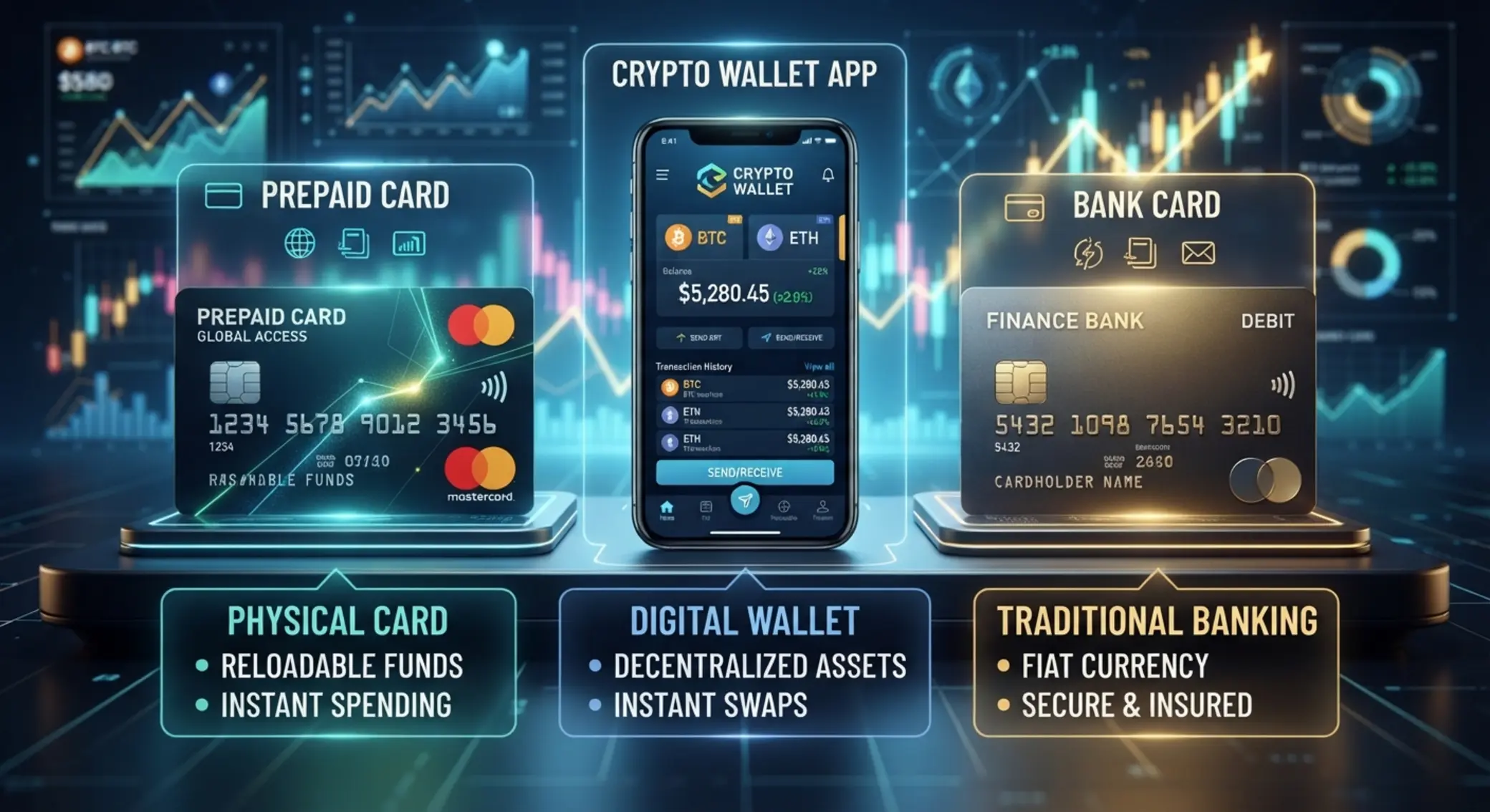Vergleich von Prepaid, Krypto-Wallet und Bankkarte