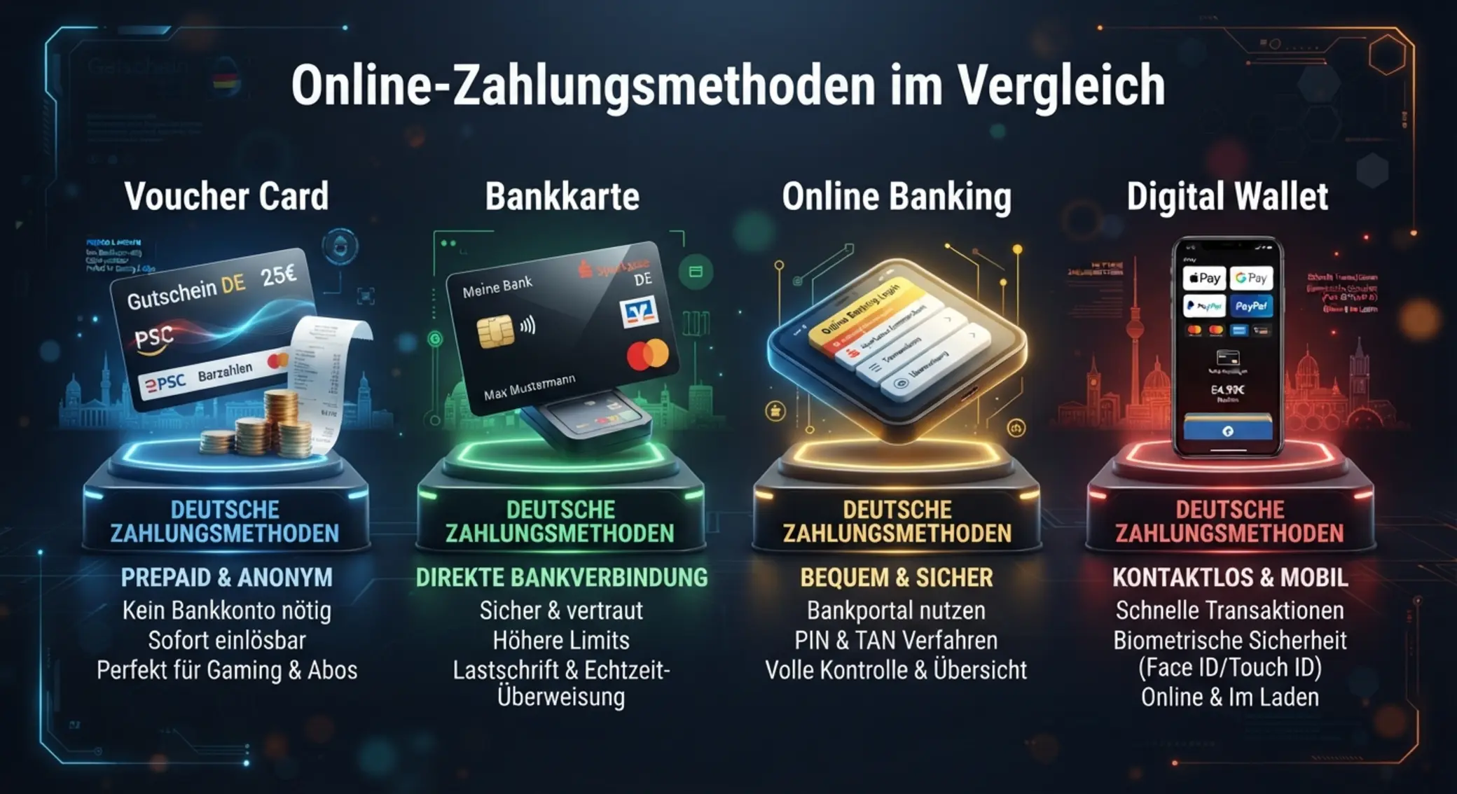 Vergleich von Paysafecard, Karte, Online-Banking und Wallet
