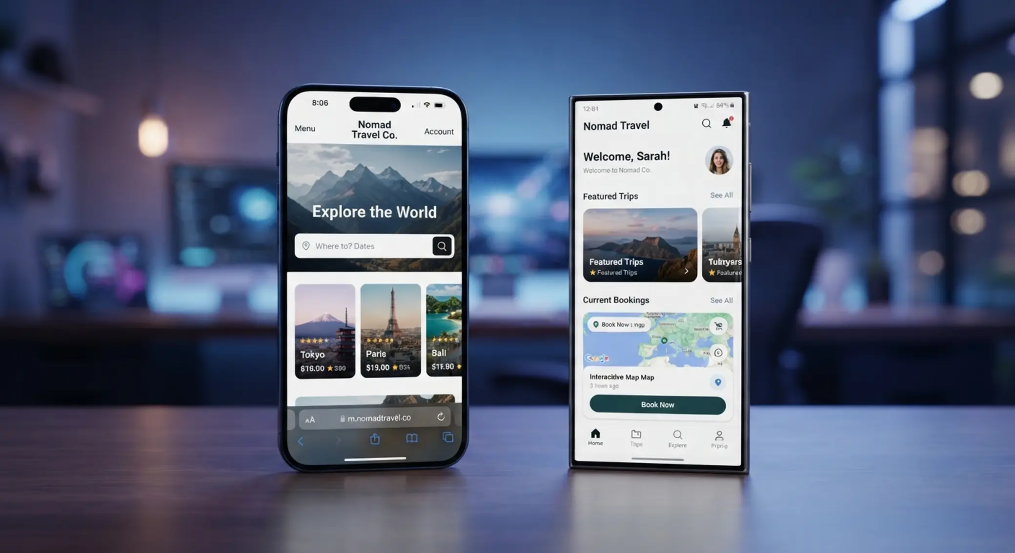 Vergleich zwischen mobilem Browser und App auf zwei Smartphones
