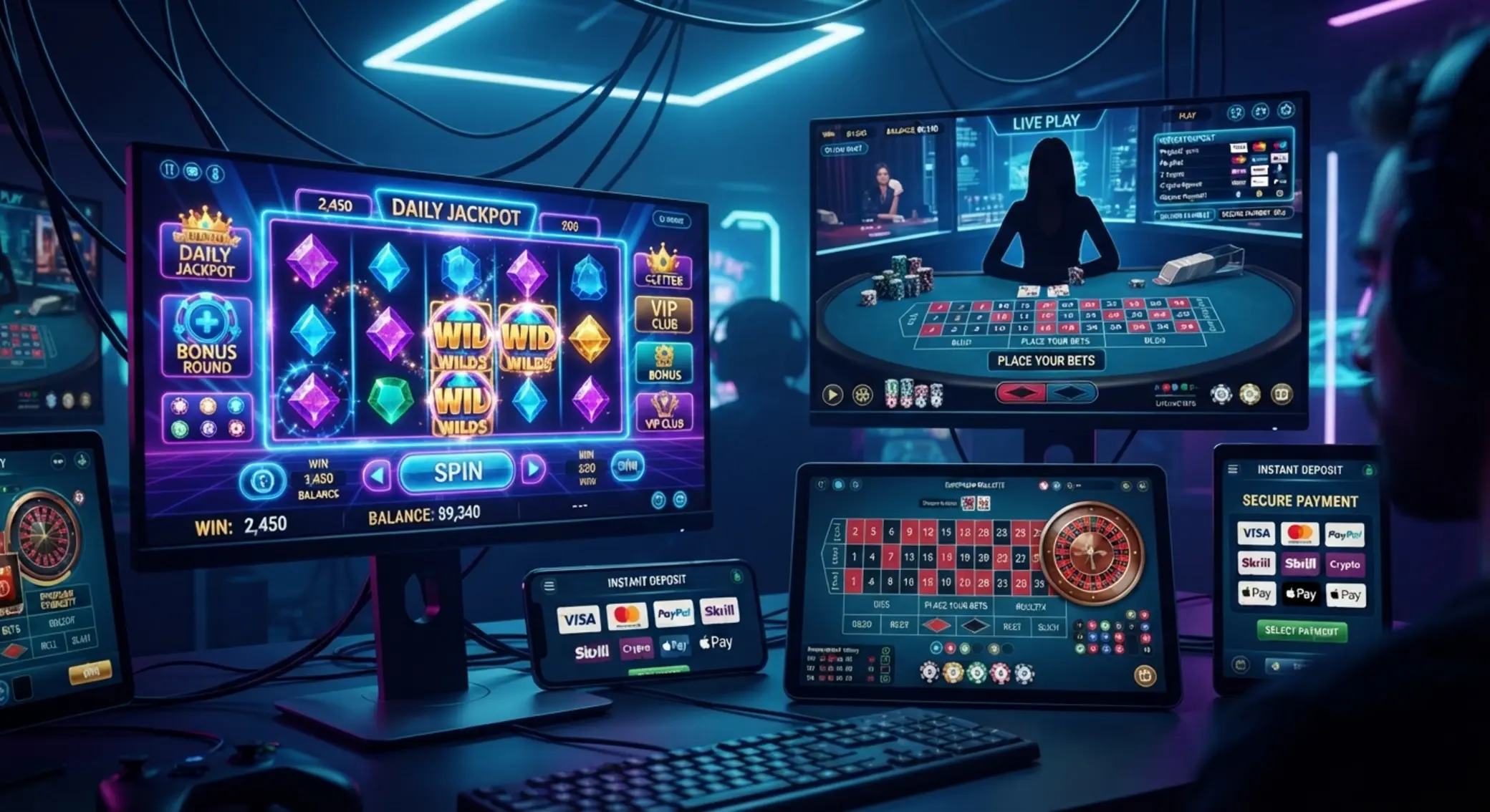Vielfältige Spieleauswahl mit Slots, Roulette und Live-Tisch bei Paysafecard-Nutzung