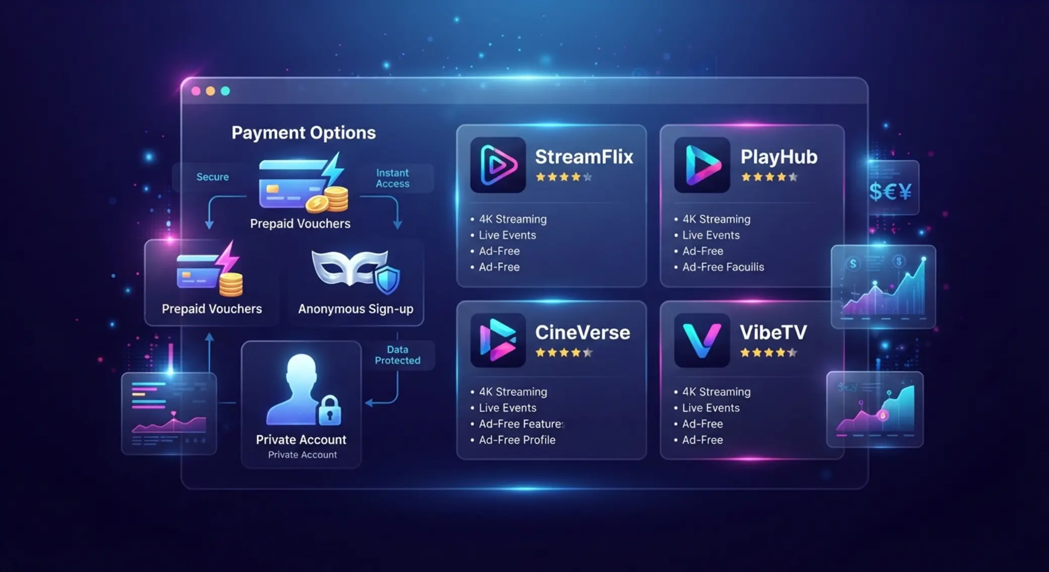 Auswahl verschiedener Plattform-Logos mit Prepaid-Icon und Anonymitätssymbol